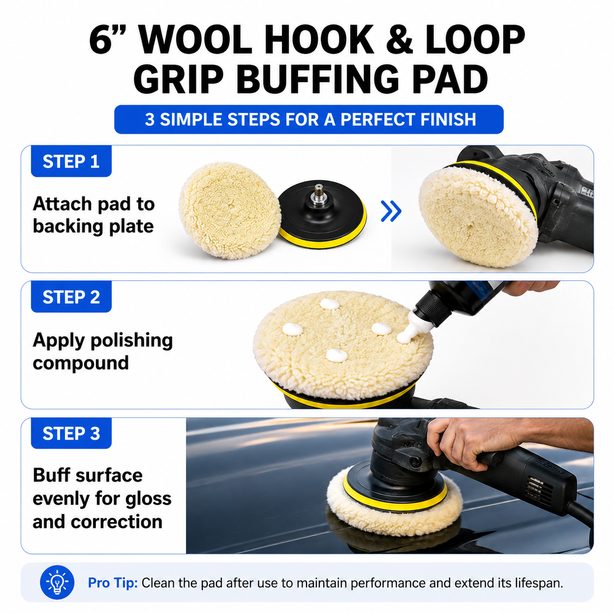 Three-step wool buffing pad use guide with polishing compound