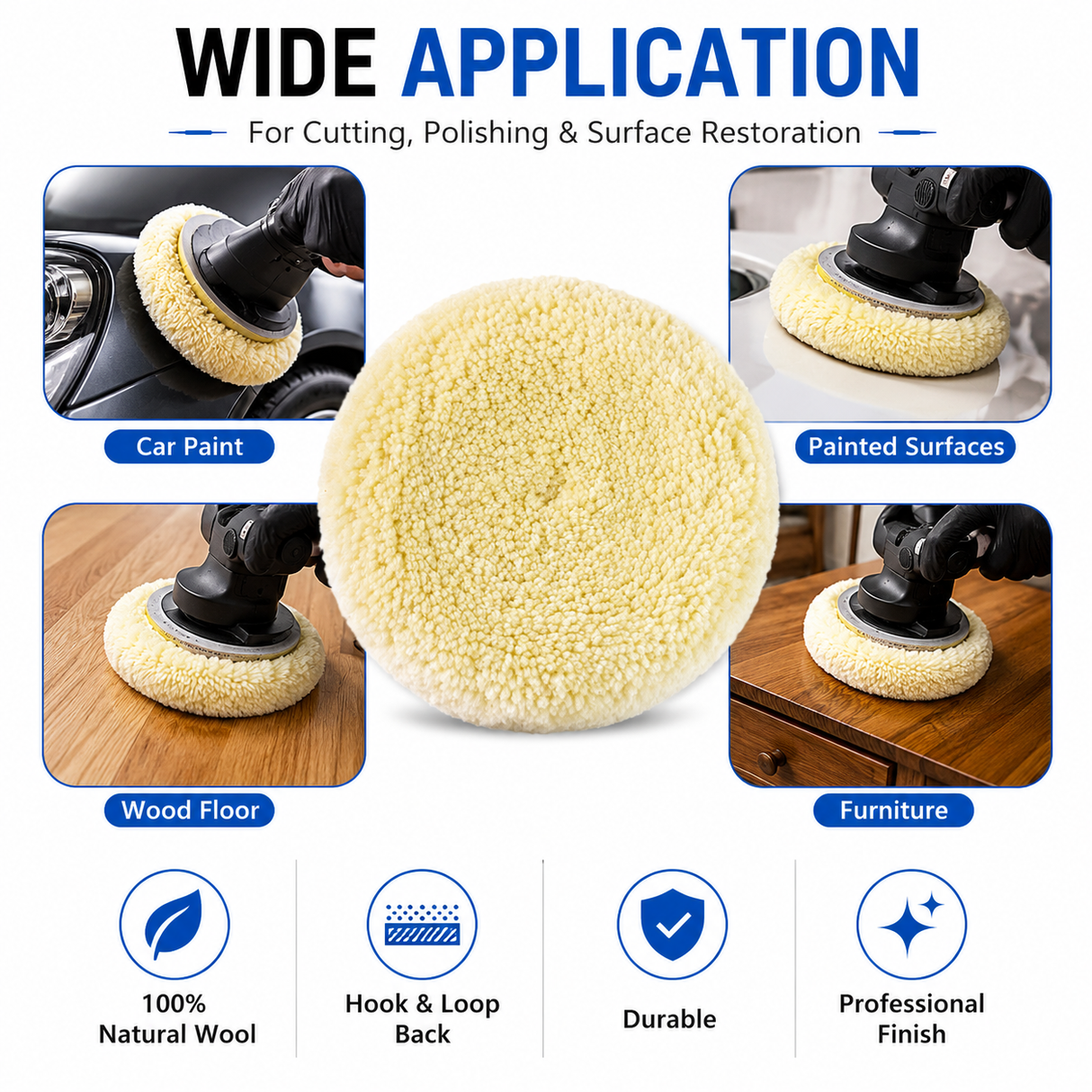 Wool buffing pad shown in painted-surface and wood polishing examples