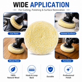 Wool buffing pad shown in painted-surface and wood polishing examples