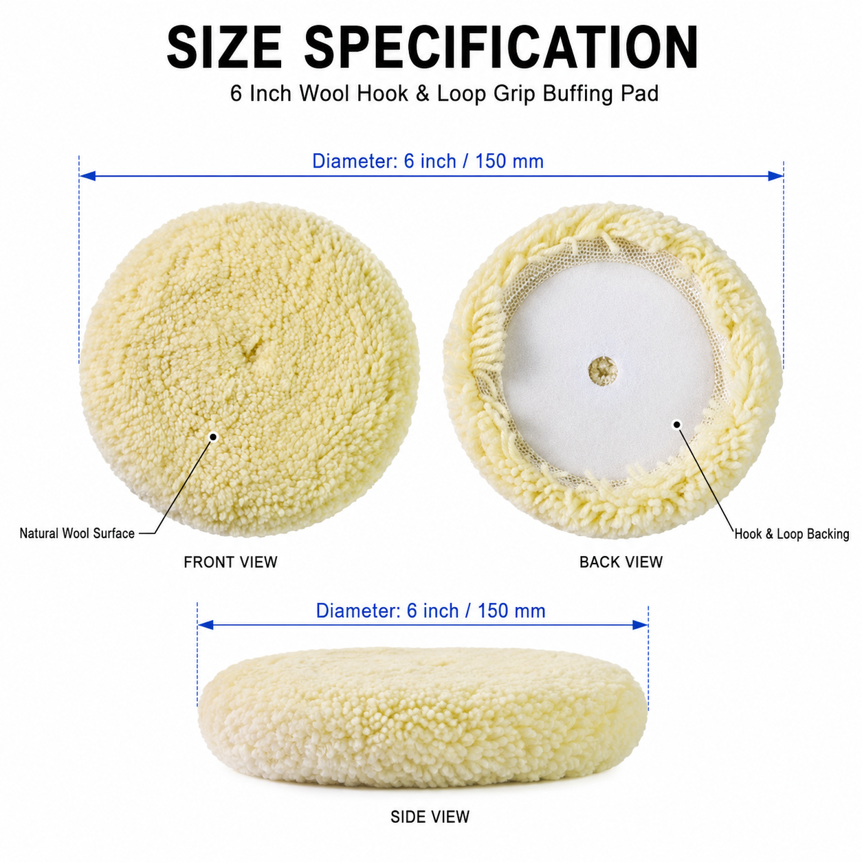 6 inch 150mm wool buffing pad size diagram with front, back and side views