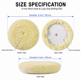 6 inch 150mm wool buffing pad size diagram with front, back and side views
