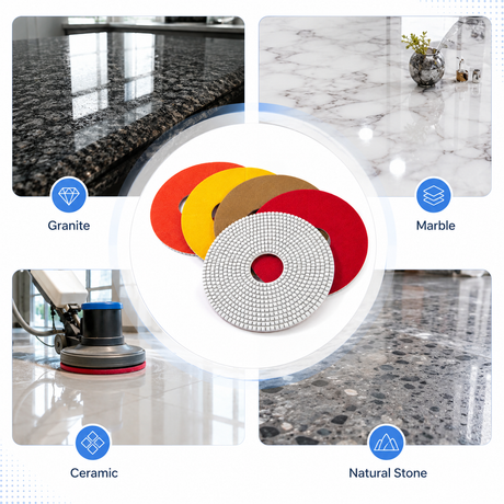 Wet polishing pads shown with stone surface examples
