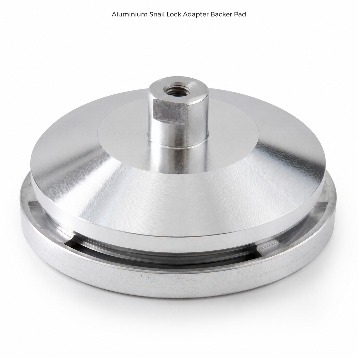 Front and back views of aluminum snail lock backer pad holder