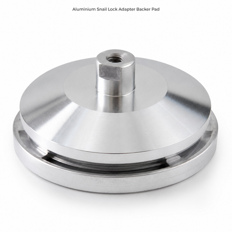 Front and back views of aluminum snail lock backer pad holder