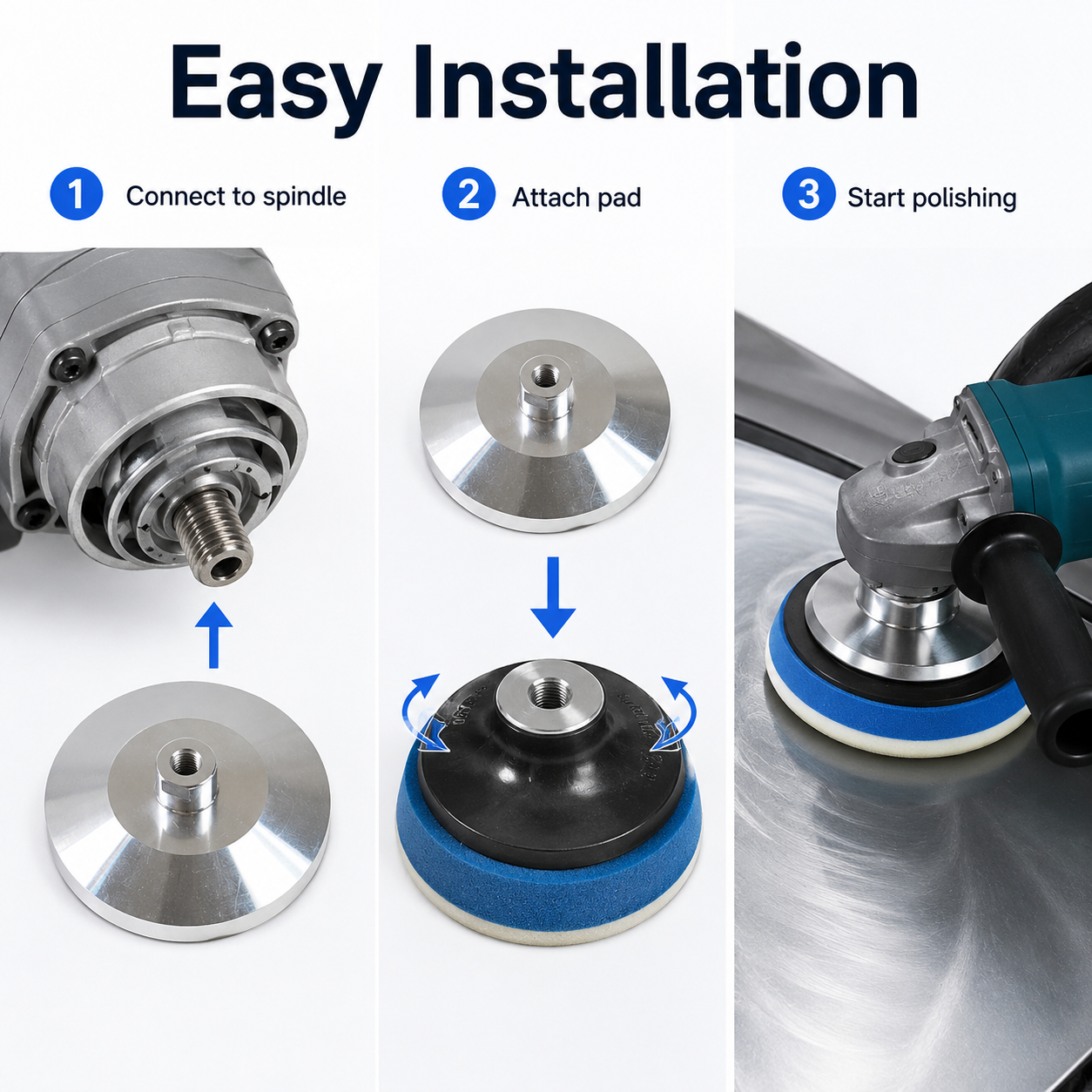Installation workflow illustration for aluminum snail lock backer pad holder
