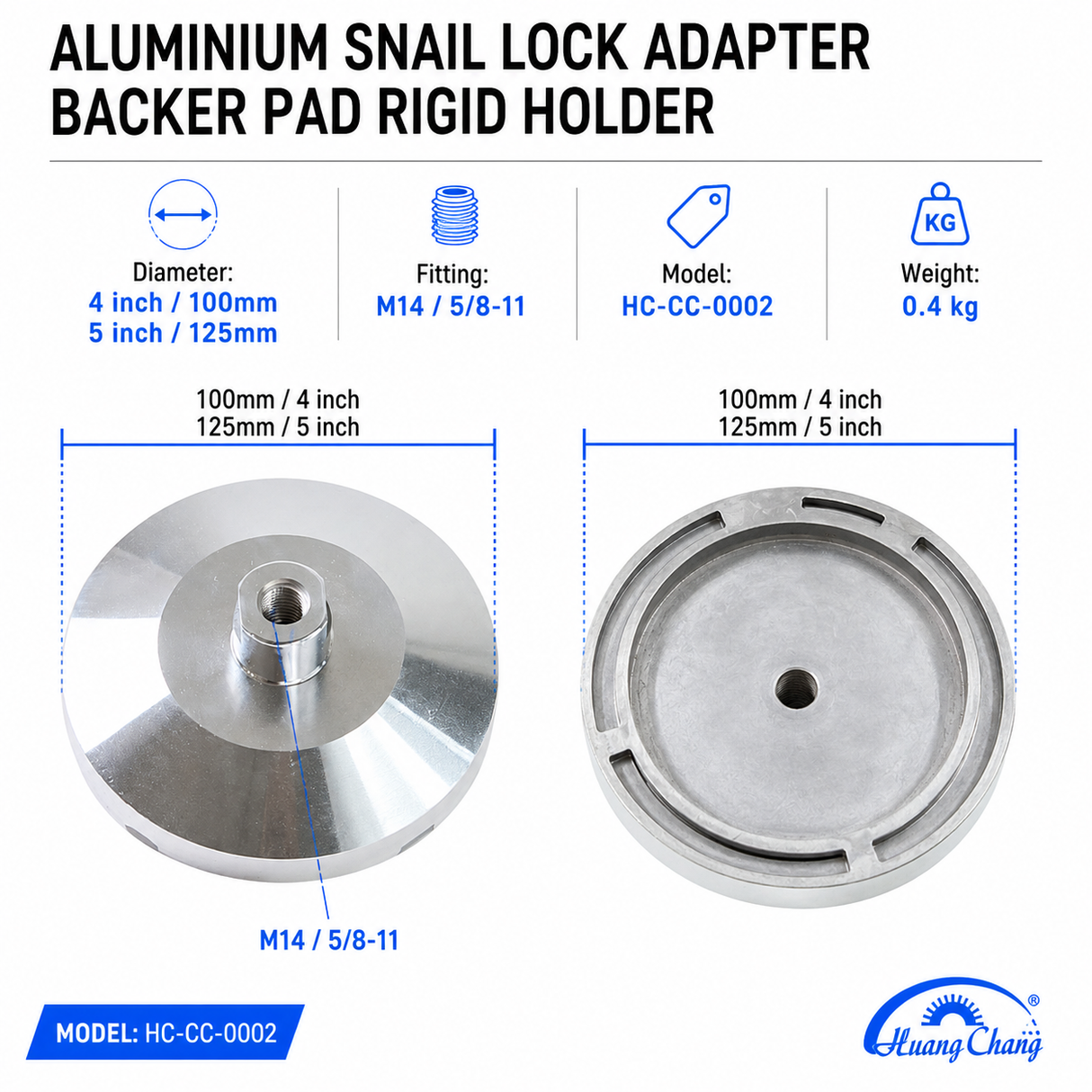 100mm and 125mm aluminum snail lock backer pad holder dimensions