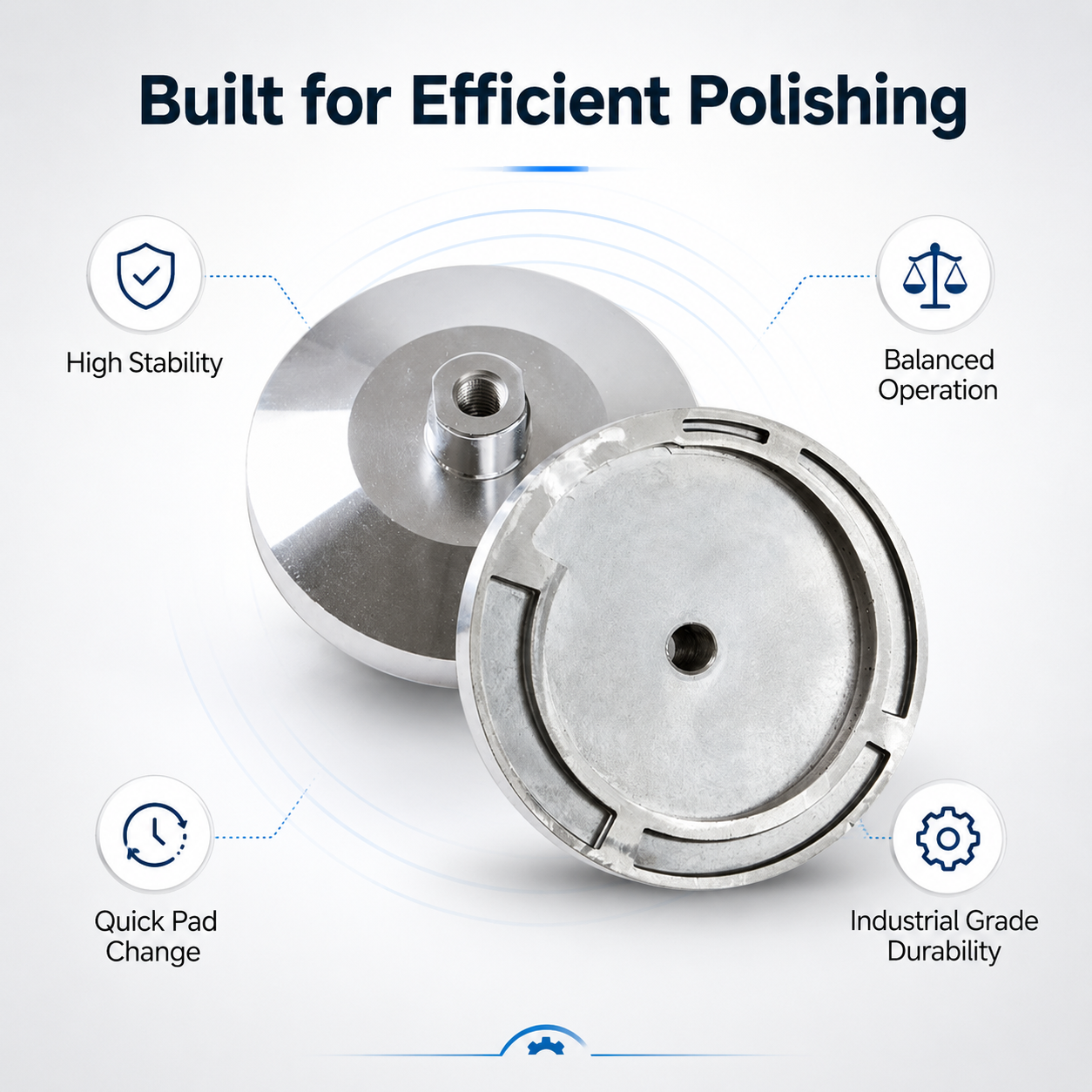 Front and rear product views of aluminum snail lock backer pad holder