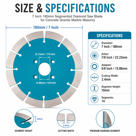 7 Inch 180mm Segmented Diamond Saw Blade 22.23mm - blade profile