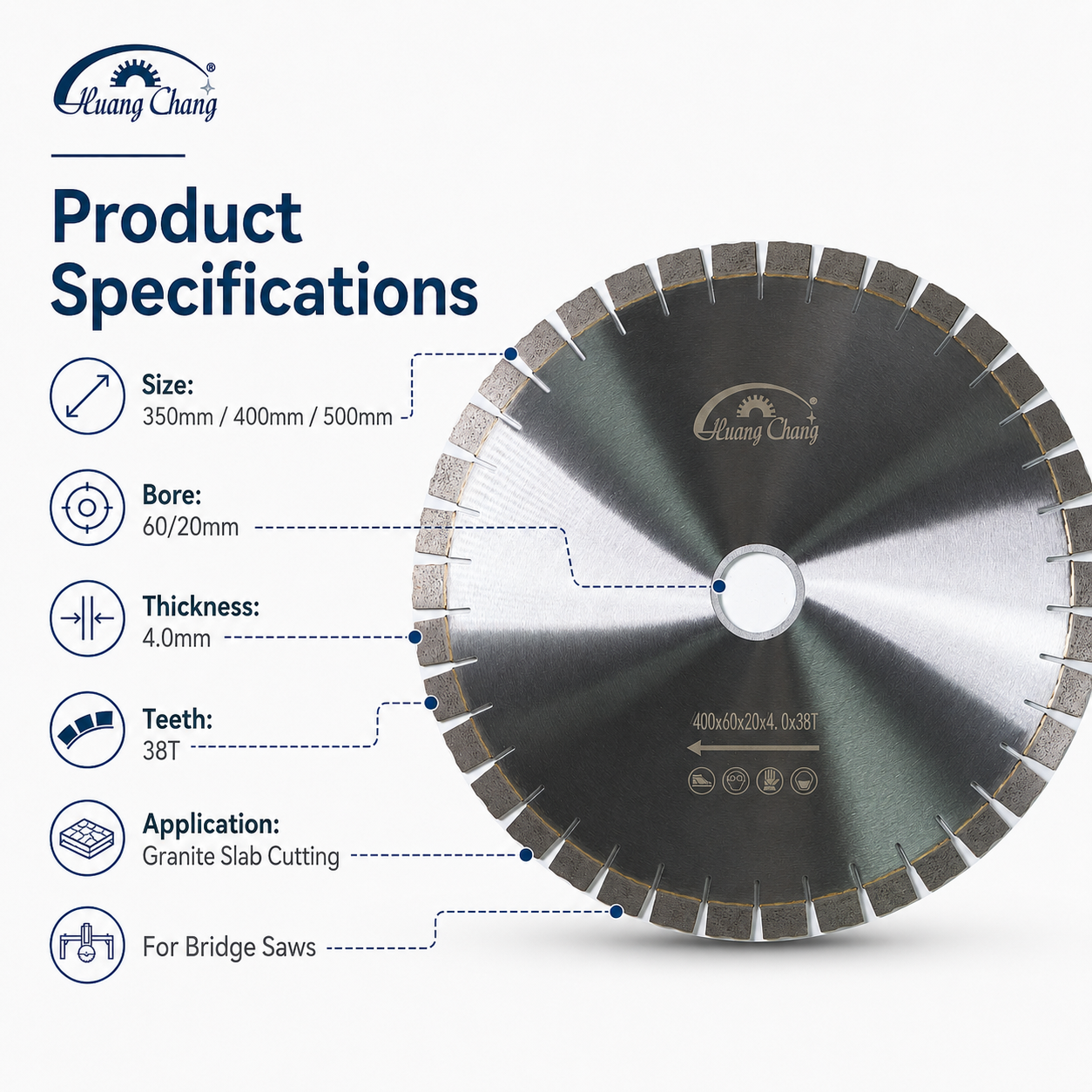 HUANG CHANG Granite Cutting Disc 400mm Diamond Granite Blade for Bridge Saw, Silent Sandwich Core