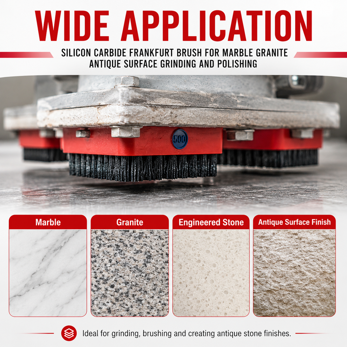 Silicon Carbide Frankfurt Brush for Antique Stone Finish - size presentation
