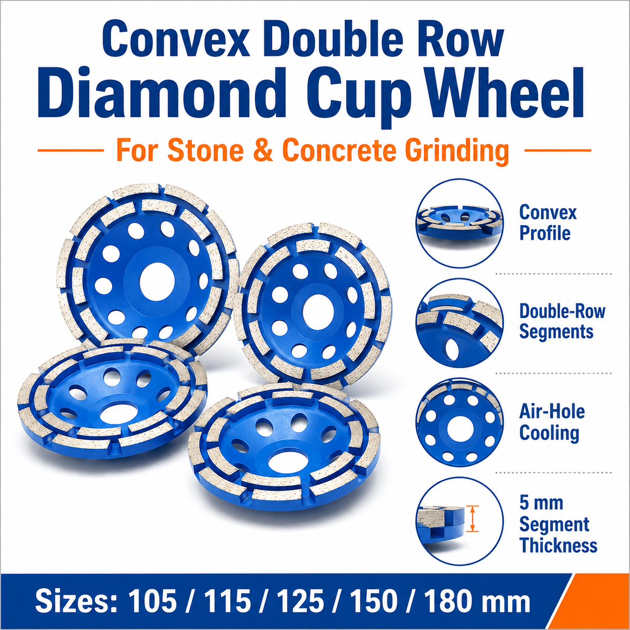 Convex Double Row Diamond Cup Grinding Wheel Disc for Granite Marble Quartz Concrete