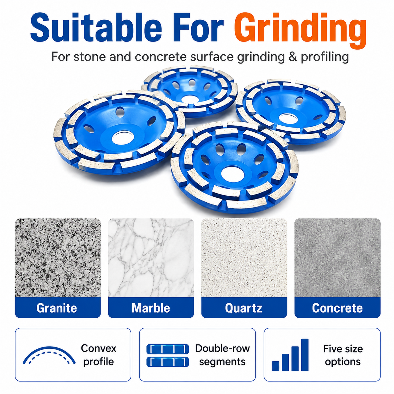 Convex Double Row Diamond Cup Grinding Wheel Disc for Granite Marble Quartz Concrete