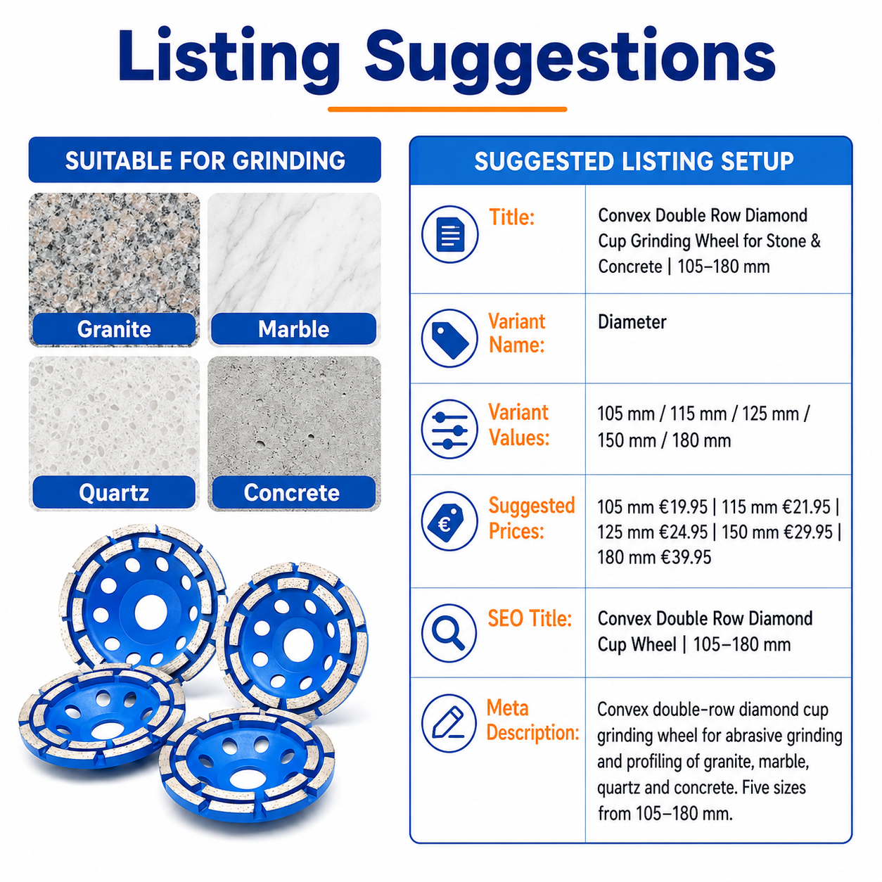 Convex Double Row Diamond Cup Grinding Wheel Disc for Granite Marble Quartz Concrete