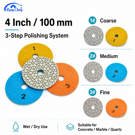 Huang Chang 4 Inch 3-Step Diamond Polishing Pads for Concrete Marble Quartz, Wet Dry Flexible Polishing Pad Set