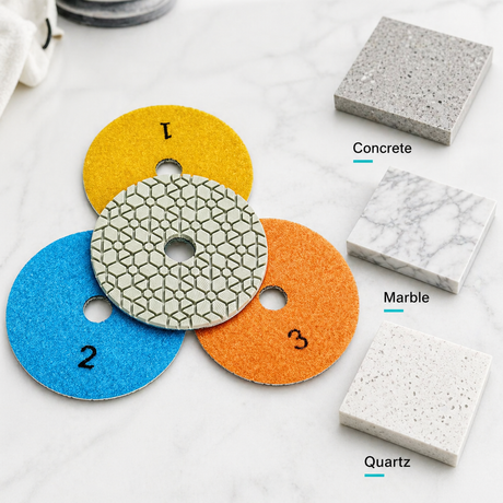 Huang Chang 4 Inch 3-Step Diamond Polishing Pads for Concrete Marble Quartz, Wet Dry Flexible Polishing Pad Set