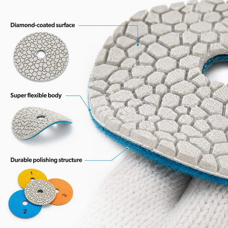Huang Chang 4 Inch 3-Step Diamond Polishing Pads for Concrete Marble Quartz, Wet Dry Flexible Polishing Pad Set