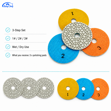 Huang Chang 4 Inch 3-Step Diamond Polishing Pads for Concrete Marble Quartz, Wet Dry Flexible Polishing Pad Set