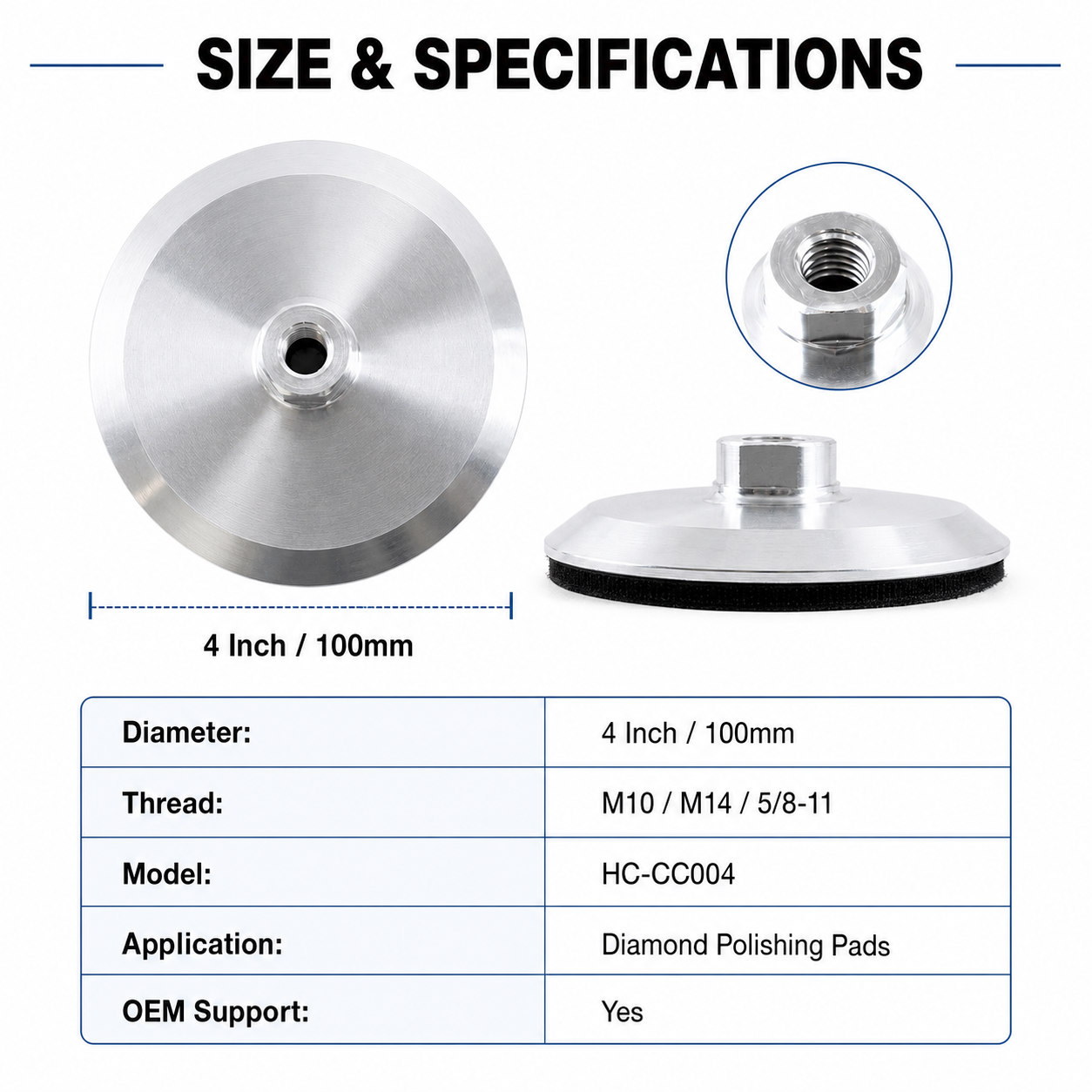100mm aluminum backer pad size and connection options graphic