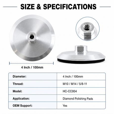 100mm aluminum backer pad size and connection options graphic