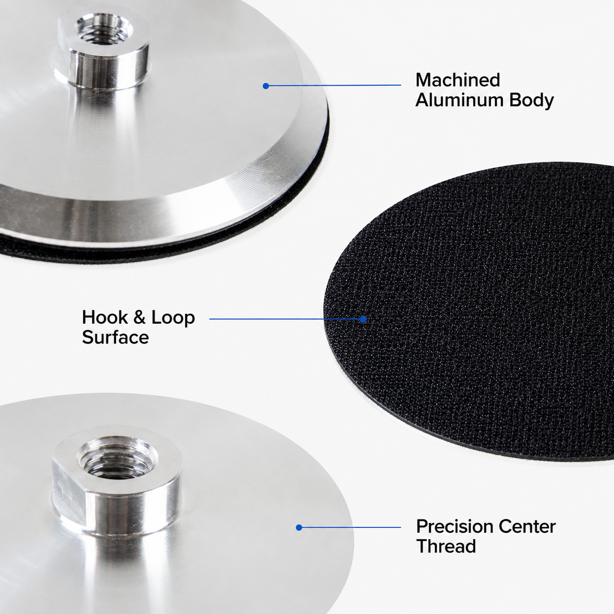 Machined aluminum body hook-and-loop face and threaded center detail