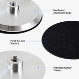 Machined aluminum body hook-and-loop face and threaded center detail
