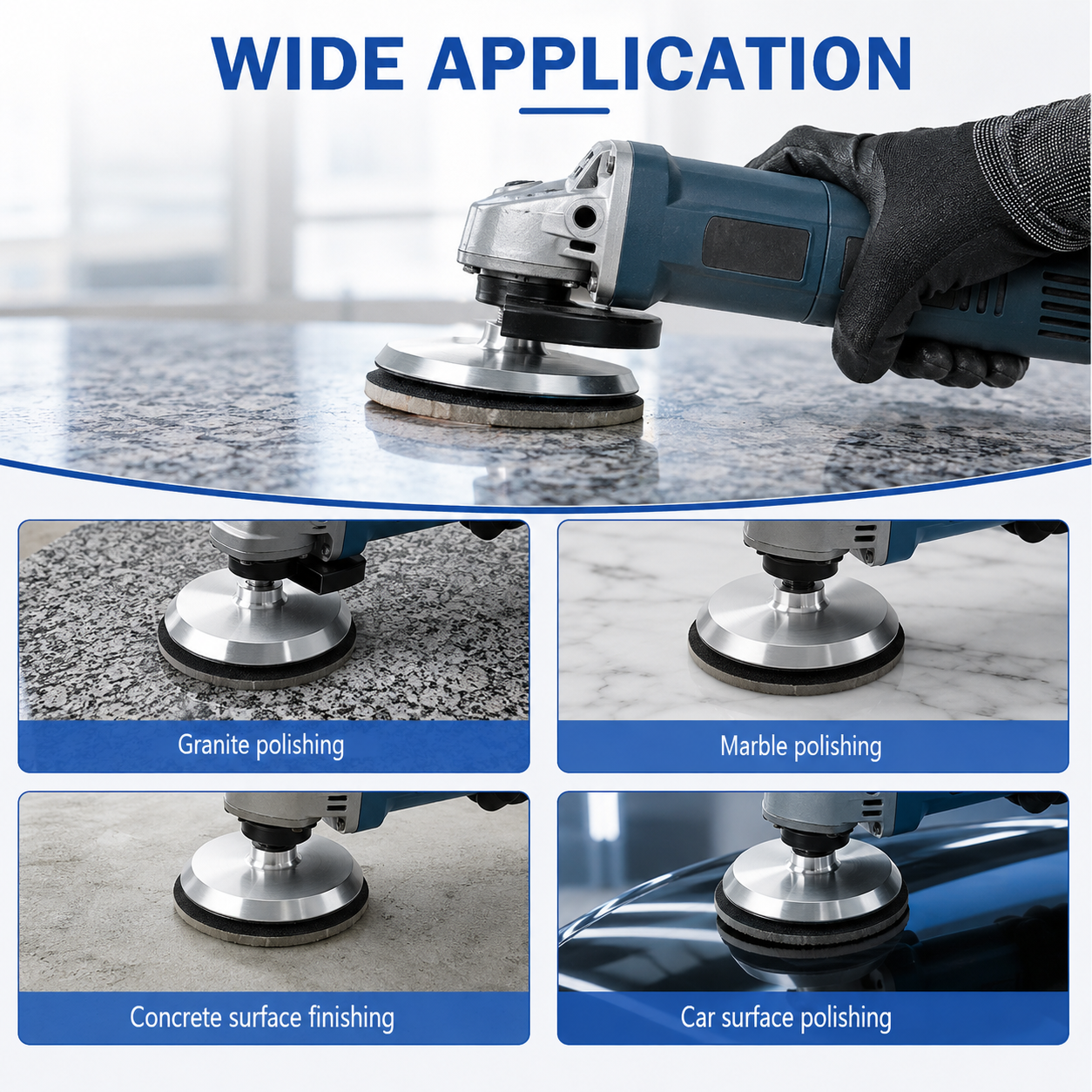 Aluminum backer pad shown in polishing applications