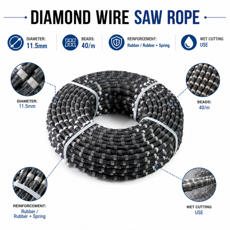 11.5mm Diamond Wire Saw Rope for Granite Quarrying, Stone Dressing & Concrete Block Cutting
