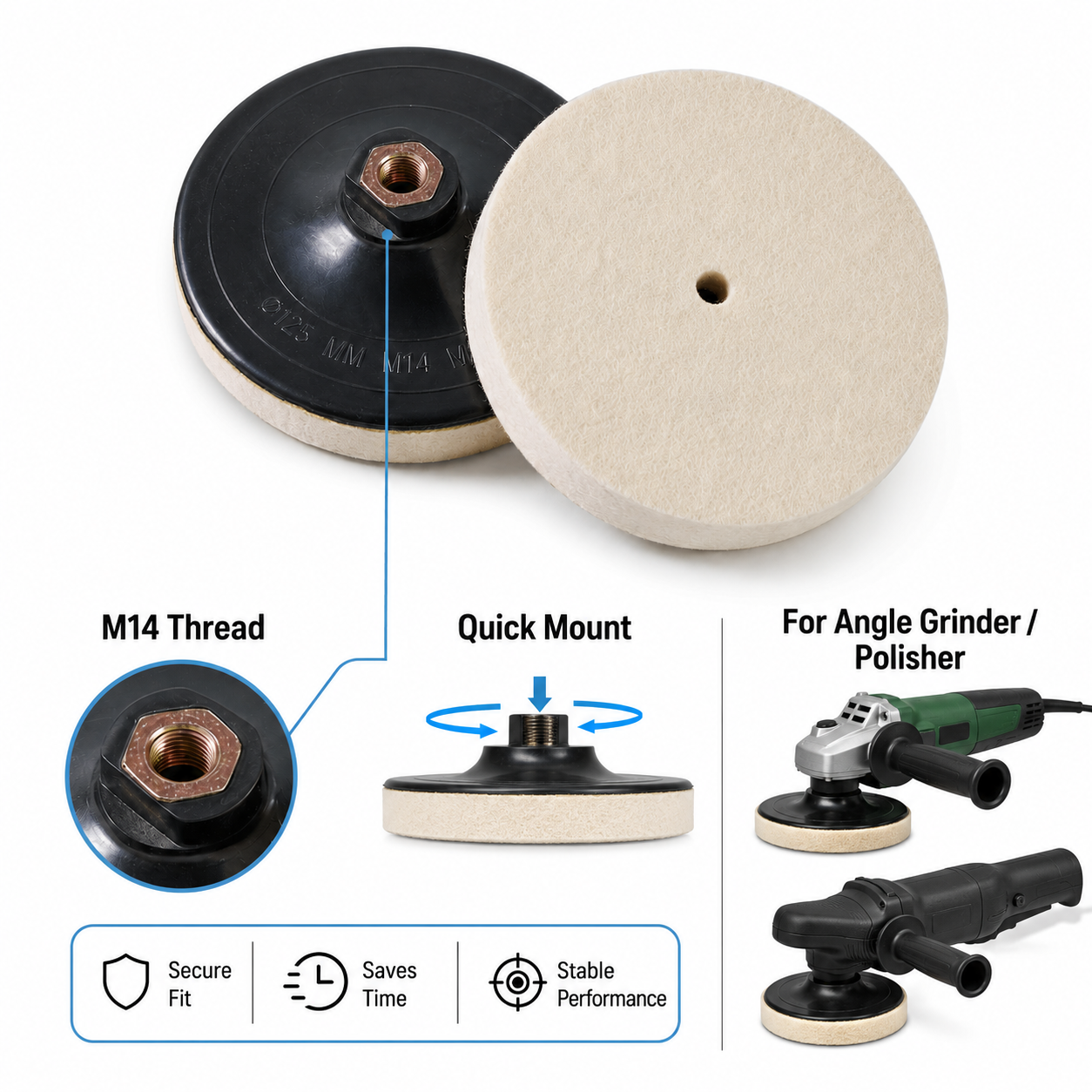 125mm M14 Wool Felt Polishing Wheel with Backing Pad for Marble, Glass, Metal & Car Buffing