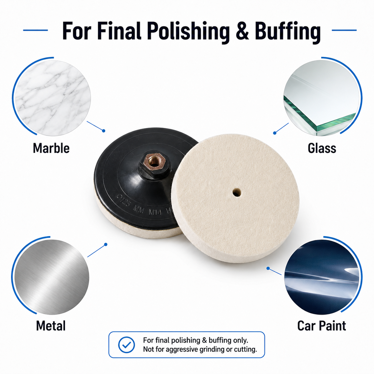 125mm M14 Wool Felt Polishing Wheel with Backing Pad for Marble, Glass, Metal & Car Buffing