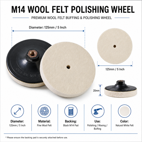 125mm M14 Wool Felt Polishing Wheel with Backing Pad for Marble, Glass, Metal & Car Buffing