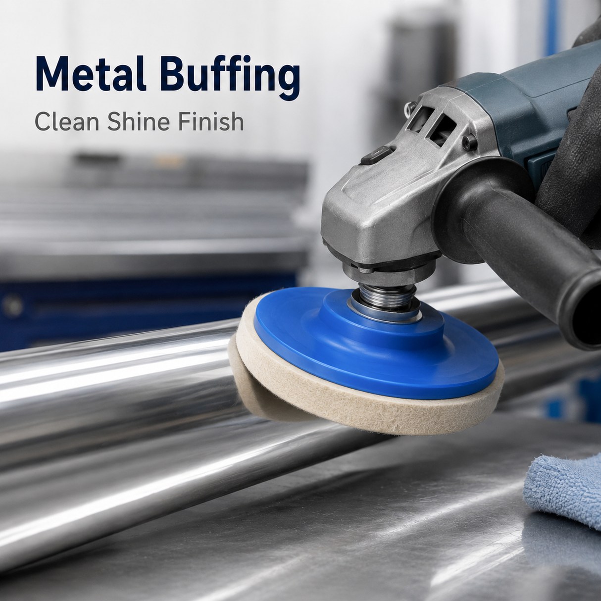Wool felt buffing pad shown in a metal finishing workflow