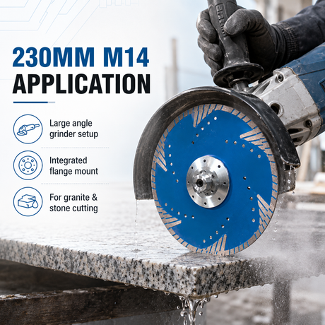 230mm M14 flange blade shown cutting stone