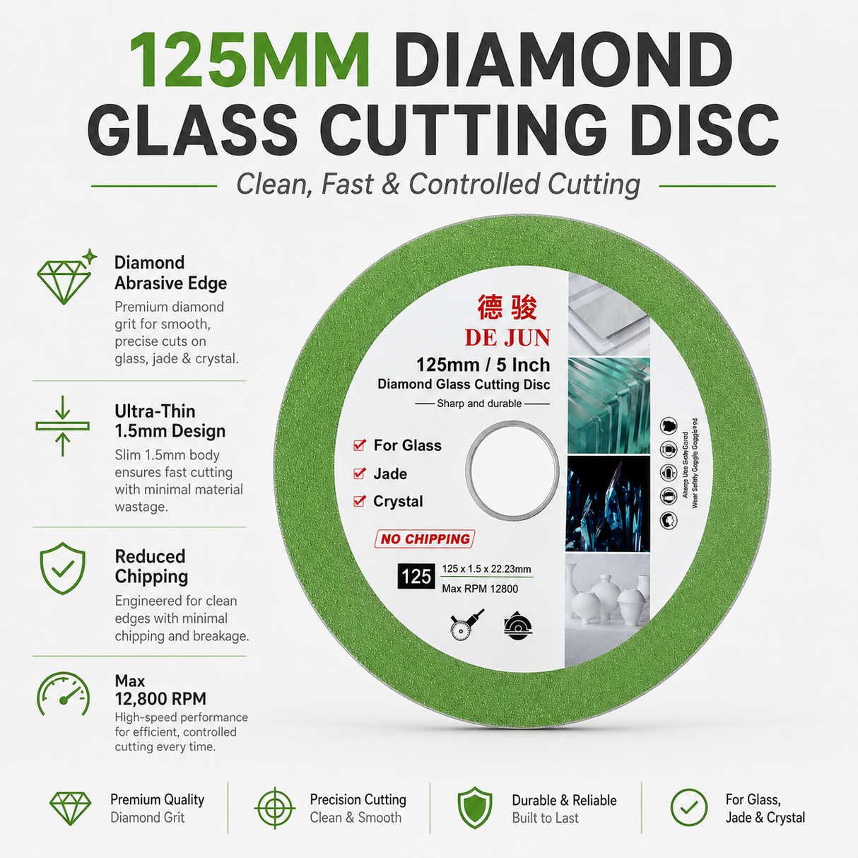 125mm Diamond Glass Cutting Disc for Glass, Ceramic Tile, Jade & Crystal – 22.23mm Bore