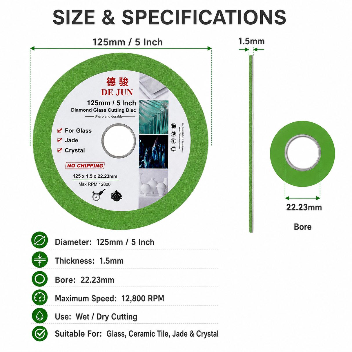 125mm Diamond Glass Cutting Disc for Glass, Ceramic Tile, Jade & Crystal – 22.23mm Bore