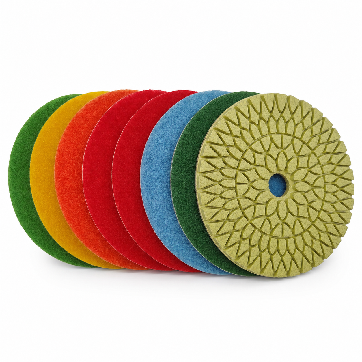 Seven color-coded diamond wet polishing pads in sequence