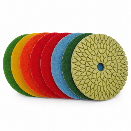 Seven color-coded diamond wet polishing pads in sequence