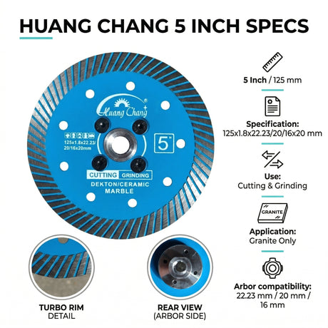 Huang Chang Blue 5" Diamond Blade for Granite Cutting & Grinding