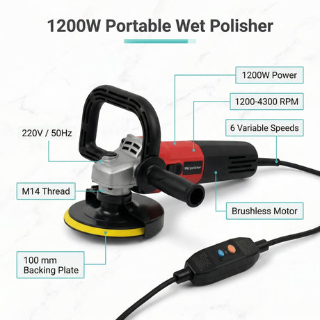 1200W 220V Wet Polisher with 6 Variable Speeds, M14, 100mm Backing Plate for Stone Surface Finishing