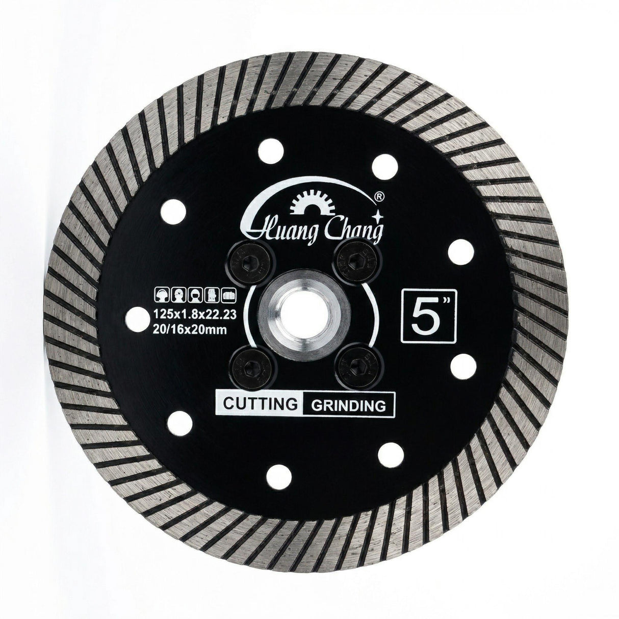 Front view of black 125mm turbo diamond blade with branded center plate