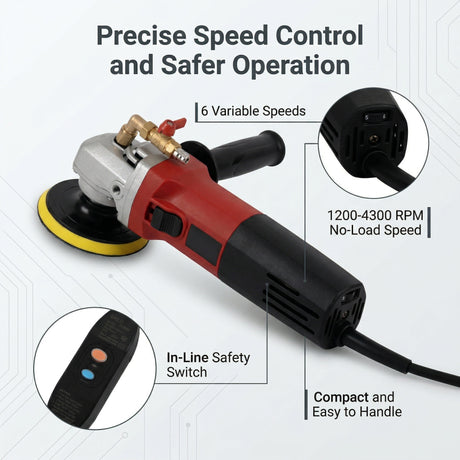 1200W 220V Wet Polisher with 6 Variable Speeds, M14, 100mm Backing Plate for Stone Surface Finishing