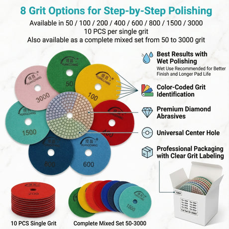 Wet Diamond Polishing Pads for Granite, Marble, Quartz & Stone | 50–3000 Grit