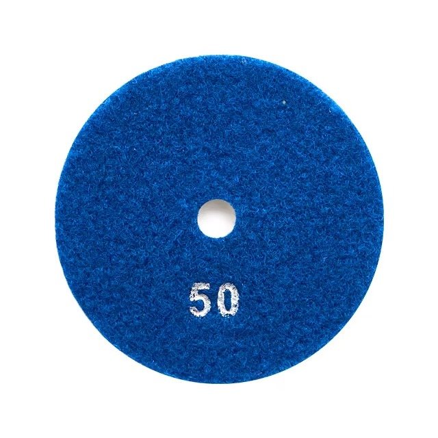 Blue backing side of 100mm wet diamond floor polishing pad marked 50 grit