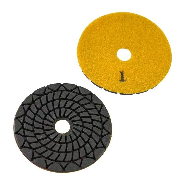 Diamond polishing pad front and yellow backing views