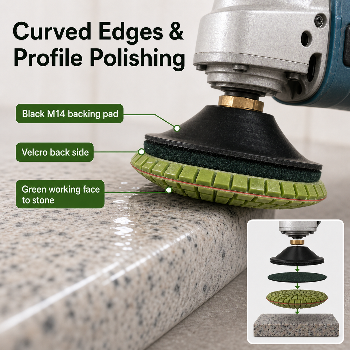 correct convex polishing pad setup with M14 backing pad