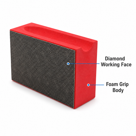 Diamond hand polishing block working face and foam grip body