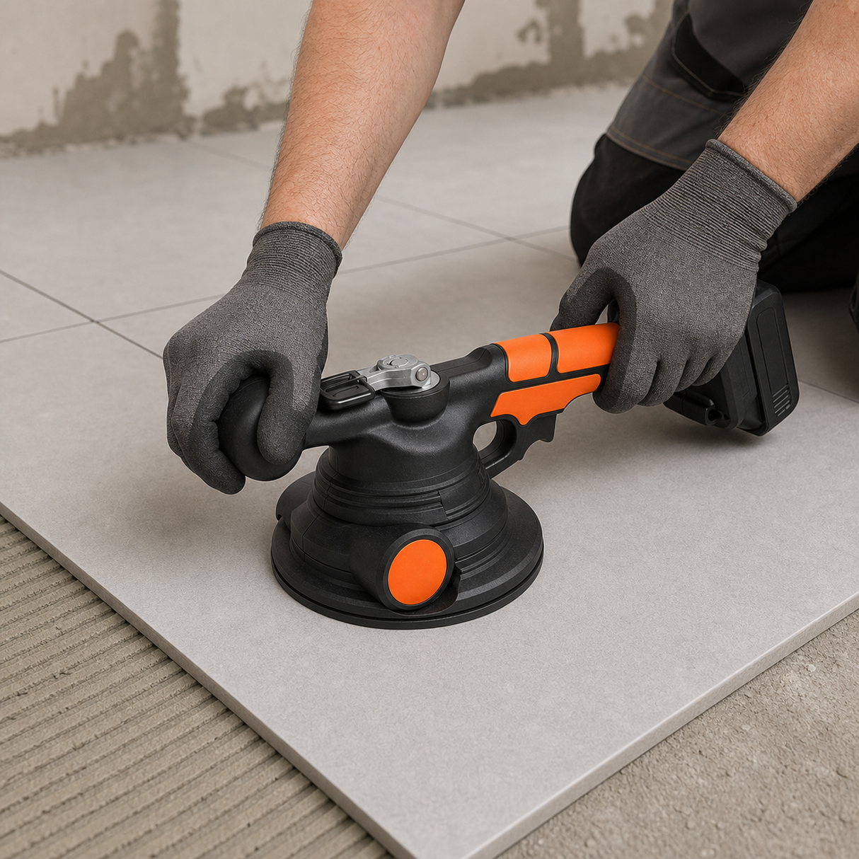 Battery-Powered Tile Vibration Tool with Suction Cup – tile installation application