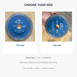 115 mm and 125 mm blade options with 1.1 mm and 22.23/20 mm label information