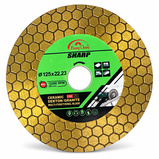 Front of pictured 125 mm HUANG CHANG gold hexagonal diamond disc on white