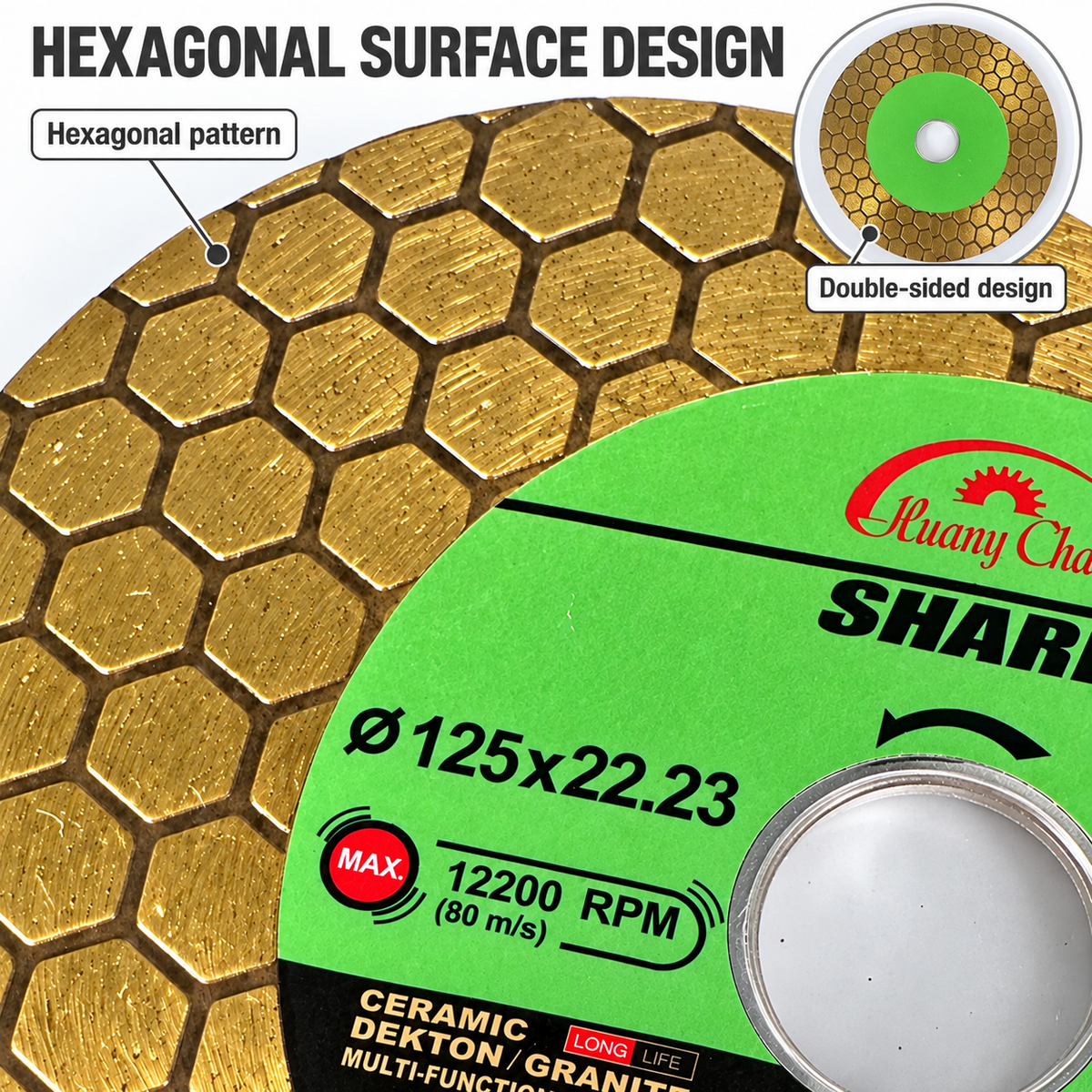 Close-up of real gold hexagonal surface texture with small reverse-face view