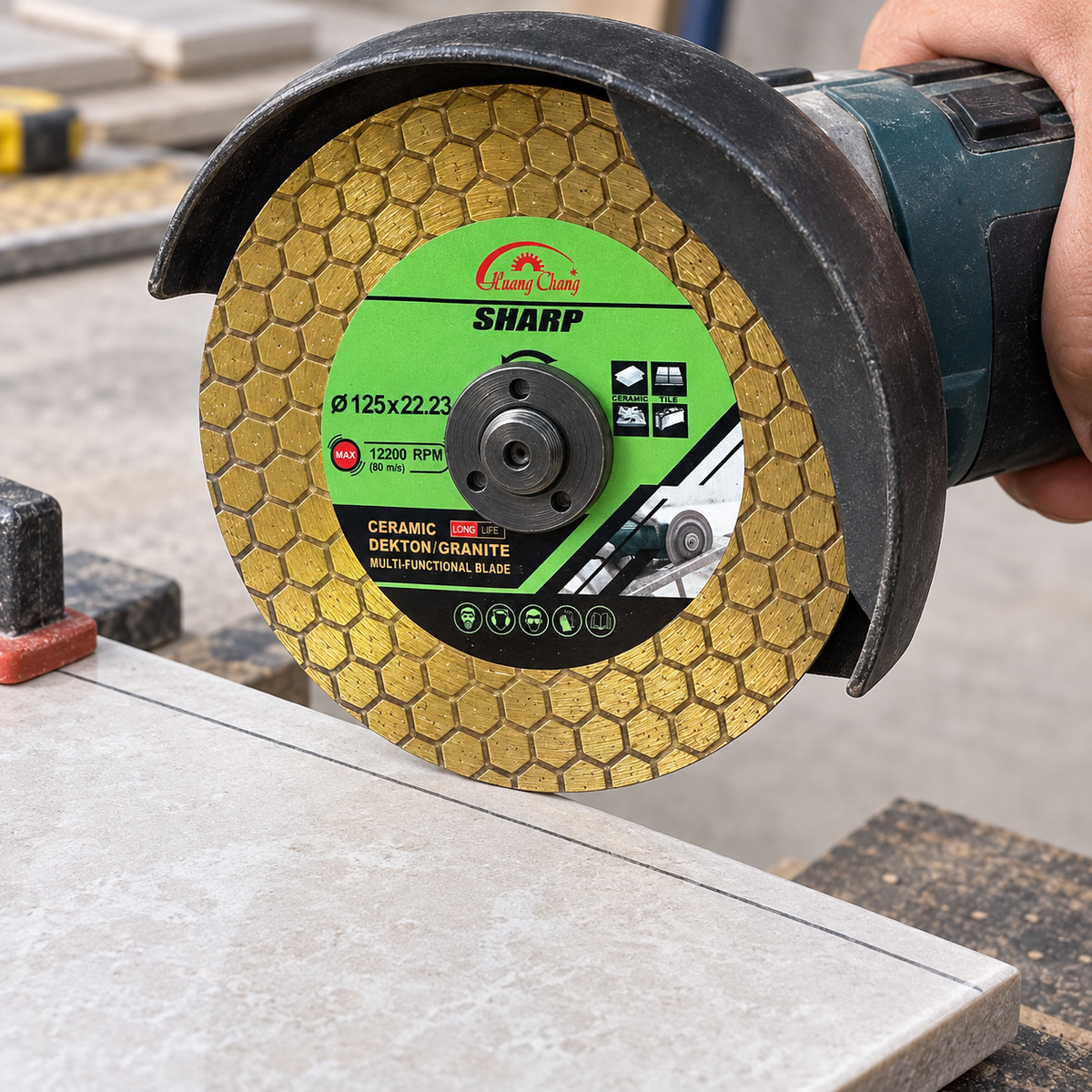 Illustrative close view of guarded disc positioned above a marked tile
